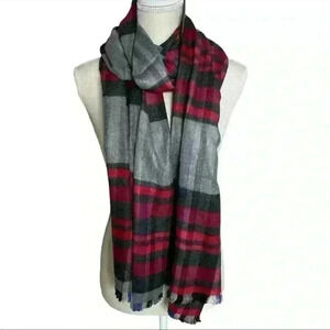 Chelsey Brushed Viscose Plaid Frayed Scarf in Red NWT